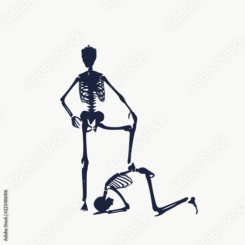 Concept illustration of a obedience. Man prostrated under female foot. Silhouettes of two skeletons. Skeleton wearing the crown