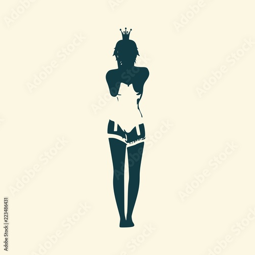 Beautiful sexy fitness girl. Pretty woman wearing corset and crown. Lady rise her hands to the head. Front view.