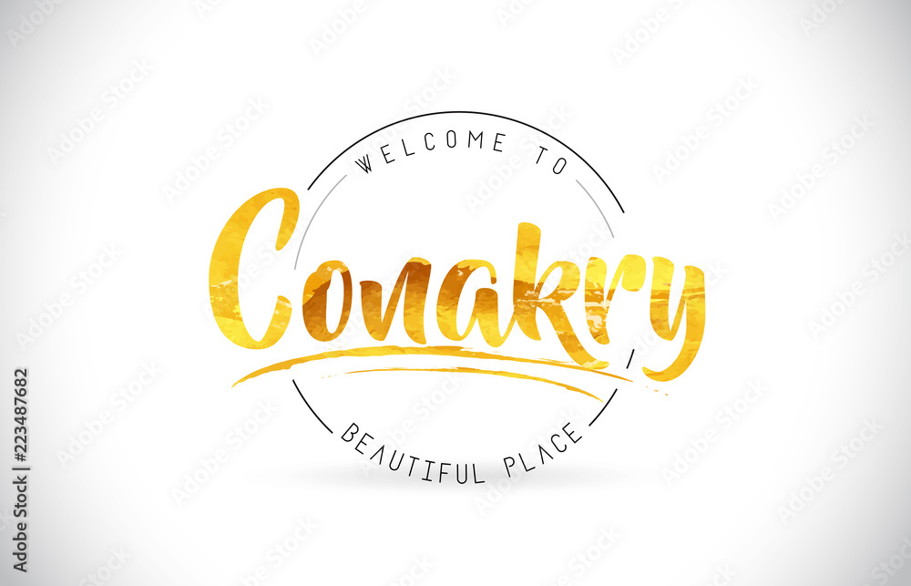 Conakry Welcome To Word Text with Handwritten Font and Golden Texture Design. Conakry Welcome To Word Text with Handwritten Font and Golden Texture Design.