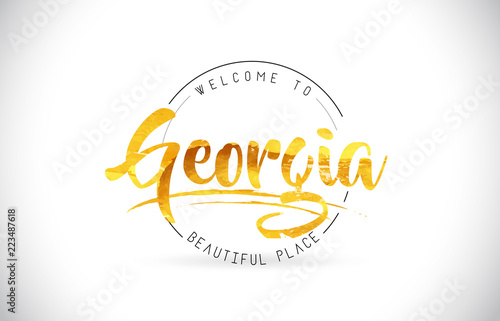 Georgia Welcome To Word Text with Handwritten Font and Golden Texture Design.