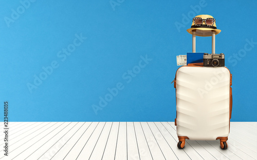 Wallpaper Mural Time to Relax, traveling suitcase with hat standing on the floor out the room.Travel concept. Torontodigital.ca