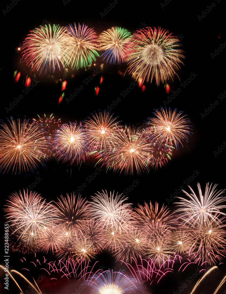 set of bright explosions in the night sky, bright cheerful party, festive mood set of bright explosions in the night sky, bright cheerful party, festive mood