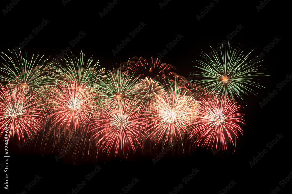 set of bright explosions in the night sky, bright cheerful party, festive mood