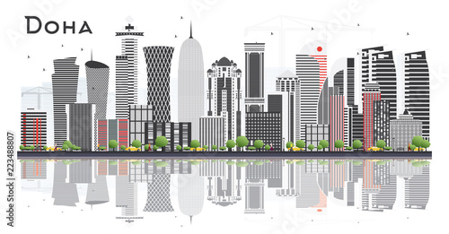 Doha Qatar Skyline with Gray Buildings Isolated on White Background.