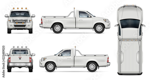Pickup truck vector mockup on white background for vehicle branding, corporate identity. View from side, front, back, and top. All elements in the groups on separate layers for easy editing photo