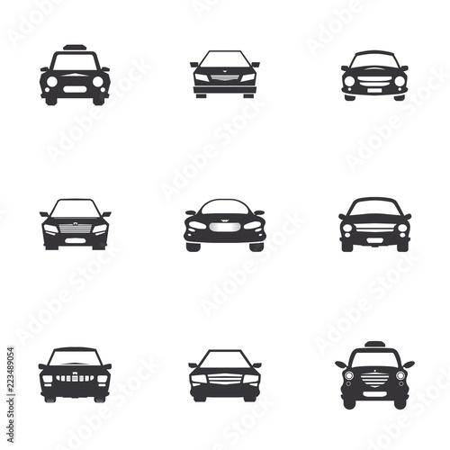 Car icons set. et of various cars front view vector icon isolated on white background