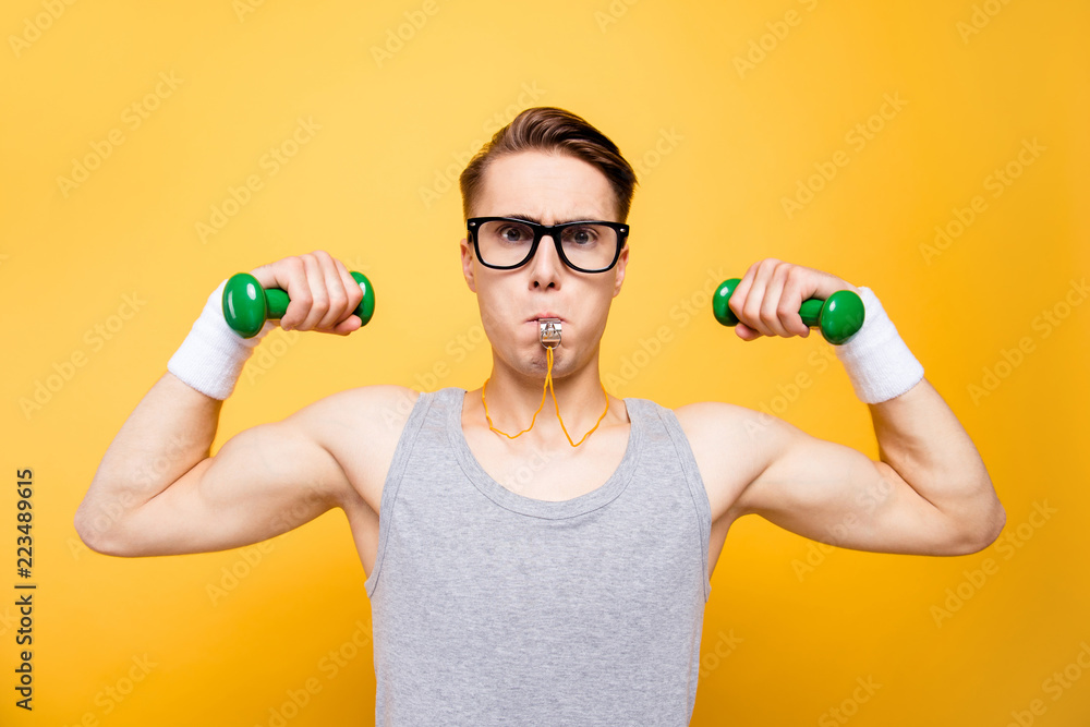Attention Start finish workout Close up portrait of crazy yout Attention Start finish workout Close up portrait of crazy yout