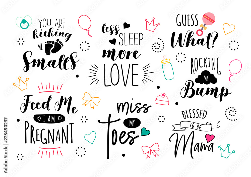 Vector pregnancy lettering set for motherhood and mama