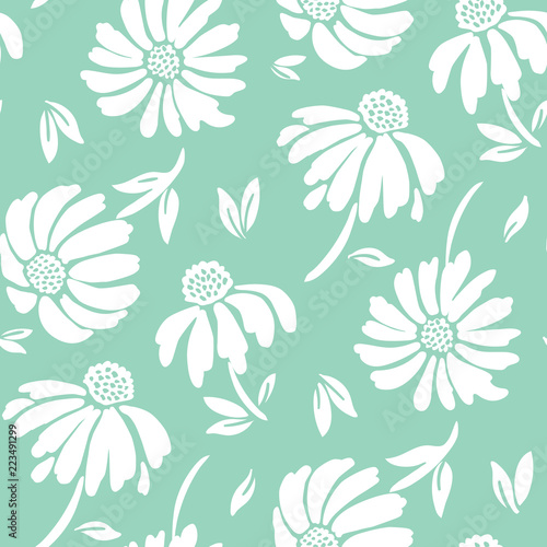Bold graphic large scale white flowers on mint background vector seamless pattern