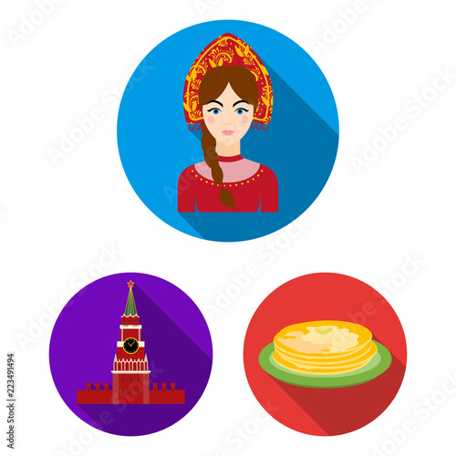 Country Russia, travel flat icons in set collection for design. Attractions and features vector symbol stock web illustration.