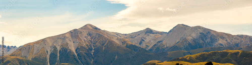 Panoramic of Southern Alps in New Zealand towards Arthurs Pass