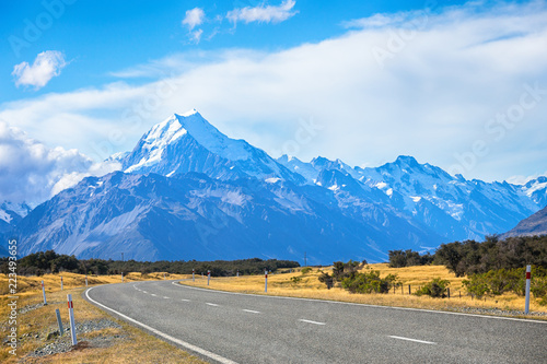 Road leading to Mount Cook, South Island New Zealand, summertime