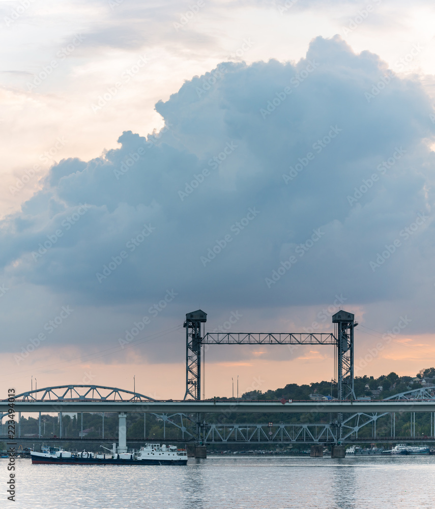 Long iron railroad drawbridge over a river Long iron railroad drawbridge over a river