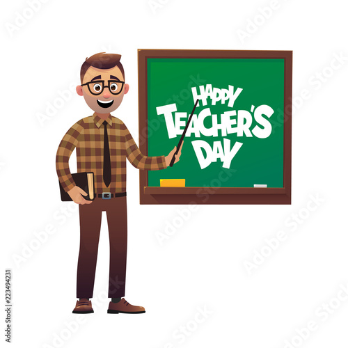 Kind teacher man stands at the blackboard Happy Teacher Day