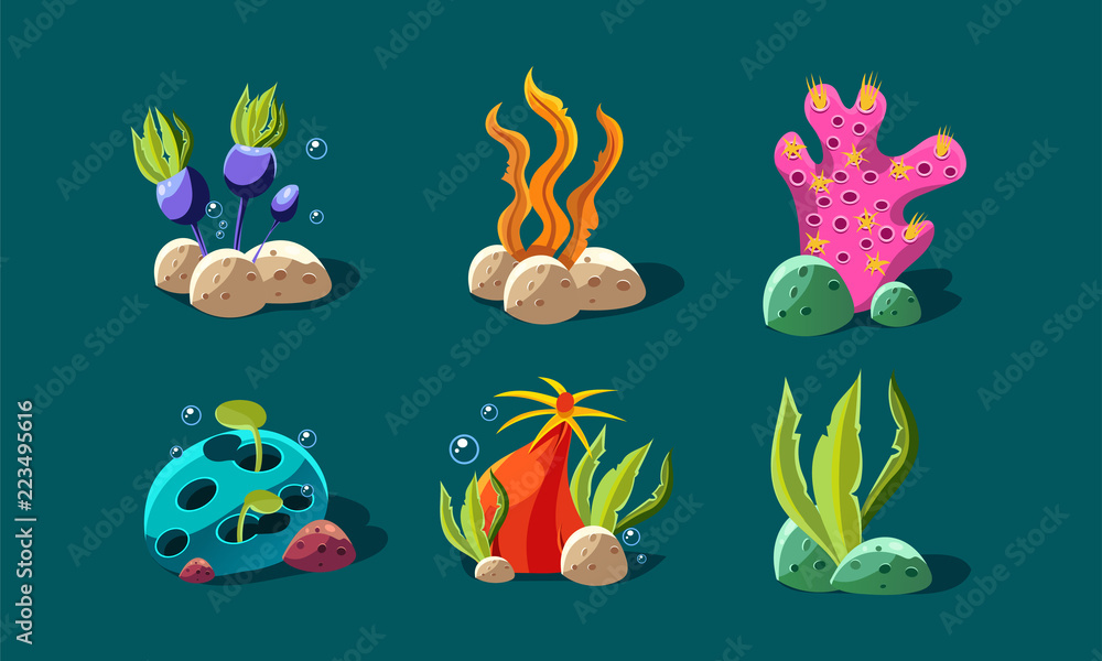 Seaweed and underwater plants set, colorful fantasy plants, user interface assets for mobile apps or video games details vector Illustration