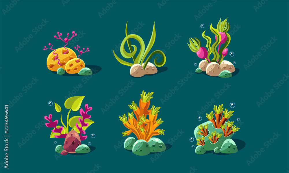 Obraz premium Seaweed and underwater plants set, fantasy plants, user interface assets for mobile apps or video games details vector Illustration