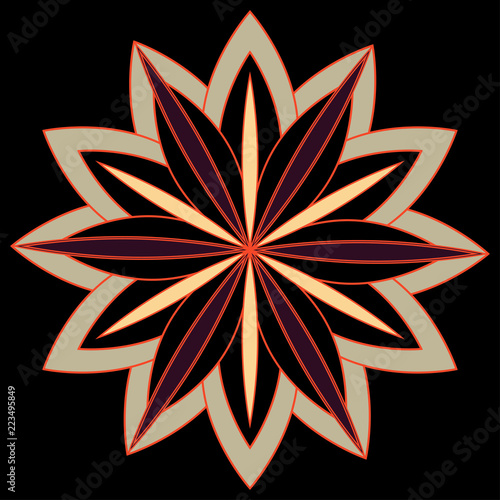 geometric flower in silver and red shades on black