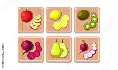 Flat vector set of fruits and vegetables on wooden boards. Sweet apple, lemon, kiwi and pear. Ripe beetroot and radish