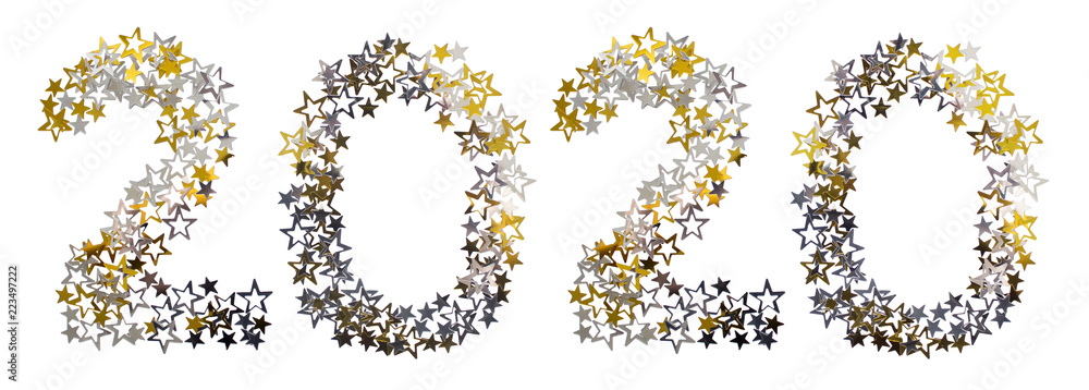 New Year 2020 concept. Text made of golden and silver star shaped confetti isolated on white background. New Year 2020 concept. Text made of golden and silver star shaped confetti isolated on white background.