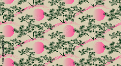 asian style seamless with pine tree landscape in green pink