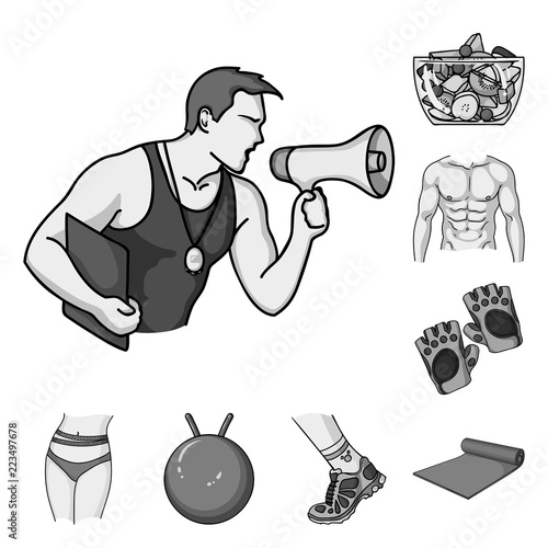 Fitness and attributes monochrome icons in set collection for design. Fitness equipment vector symbol stock web illustration.
