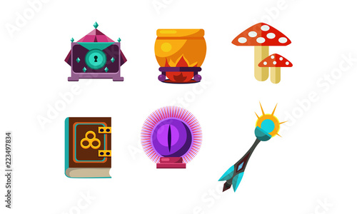 Flat vector set of magic items. Crystal ball, mushrooms, small casket, cauldron, book of spells and wand