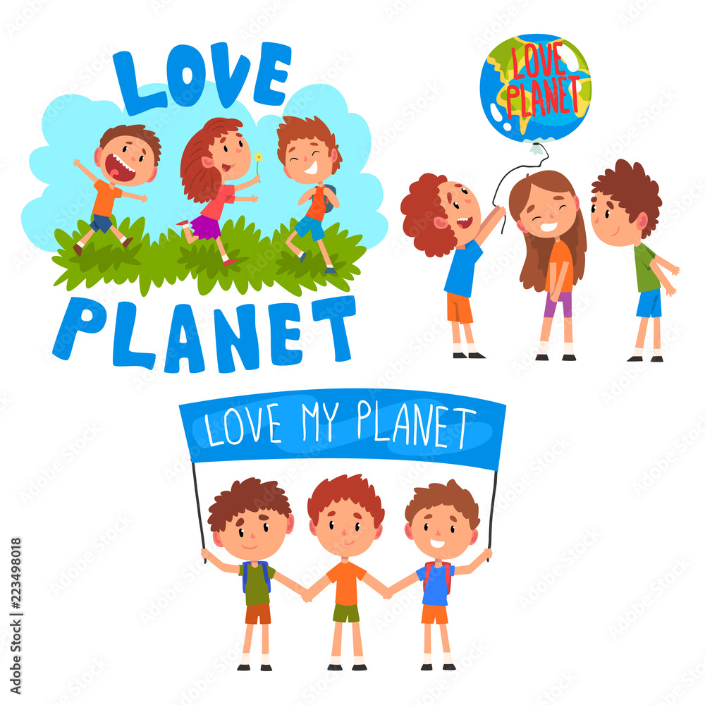 Love my planet, little children playing and taking care of the planet, ecology concept vector Illustration on a white background Love my planet, little children playing and taking care of the planet, ecology concept vector Illustration on a white background