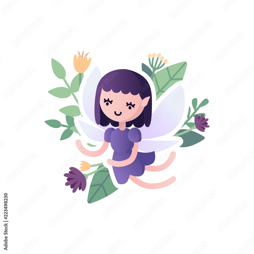Vector little cartoon winged fairy, baby elf purple color, with floral  background, isolated Stock Vector | Adobe Stock