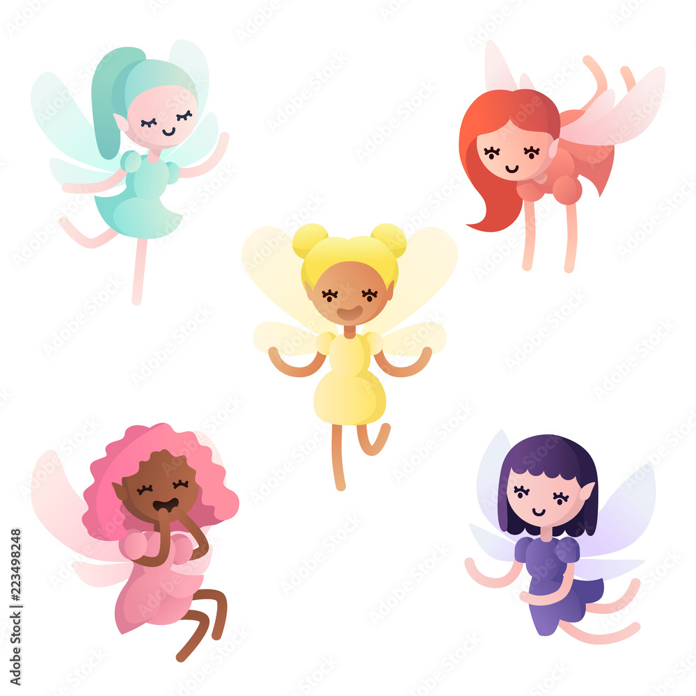 Vector set of various little cartoon fairies in different colors, baby elves with wings Vector set of various little cartoon fairies in different colors, baby elves with wings
