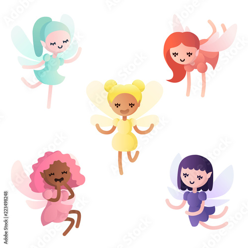 Vector set of various little cartoon fairies in different colors, baby elves with wings