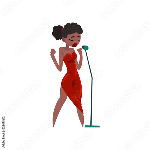 Black woman in red evening dress singing with microphone, beautiful African American female singer vector Illustration on a white background