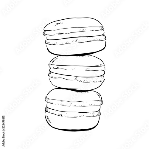 Stack of macaron, macaroon almond cakes, sketch style vector illustration isolated on white background. Sweet bakery. Stack, pile of almond macaron, macaroon biscuits, sweet and beautiful dessert