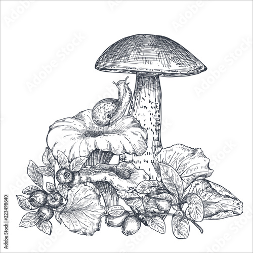 Vector composition of hand drawn forest mushrooms with fall leaves, snail, cranberry