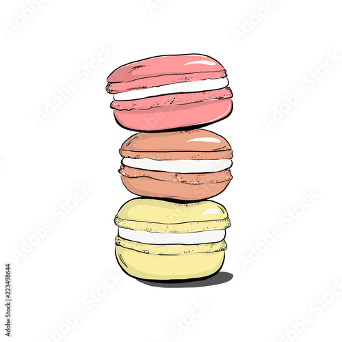 Stack of colorful macaron, macaroon cakes, sketch style vector illustration isolated on white background. Stack, pile of colorful almond macaron, macaroon biscuits, sweet and beautiful dessert