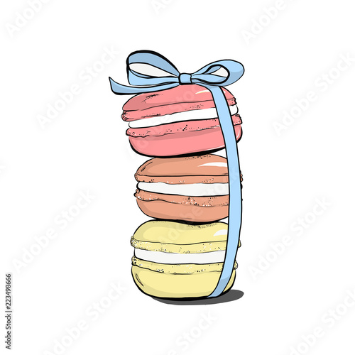 Hand drawn watercolor pile of colorful macaron cakes, french pastry dessert. Vector illustration, isolated on white background. Set off macaroon with ribbon bow. Fashion clip art