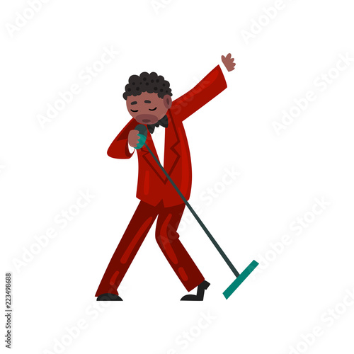 Male African American jazz singer in red elegant suit singing with microphone vector Illustration on a white background