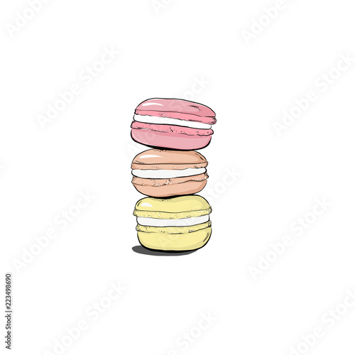 Stack of colorful macaron, macaroon cakes, sketch style vector illustration isolated on white background. Stack, pile of colorful almond macaron, macaroon biscuits, sweet and beautiful dessert