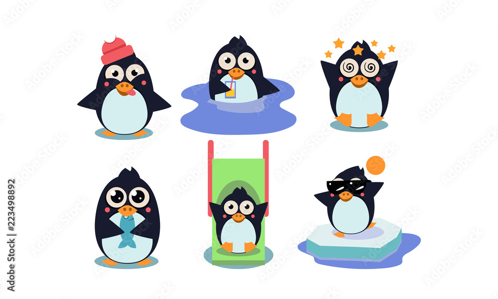 Flat vector set of cute penguin in different actions Funny cartoon ...