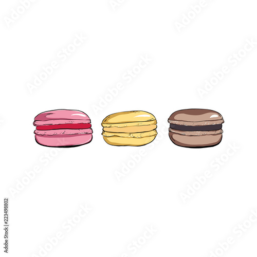 Set of colorful cartoon macarons icon. Macaroon almond cakes isolated. Macaron biscuits dessert. Vector illustration in dot style, retro vintage dots graphic art.