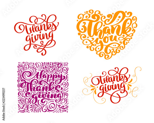 Set of calligraphy text Thank you for Happy Thanksgiving Day. Holiday Family Positive quotes lettering. Postcard or poster graphic design typography element. Hand written vector © timonko