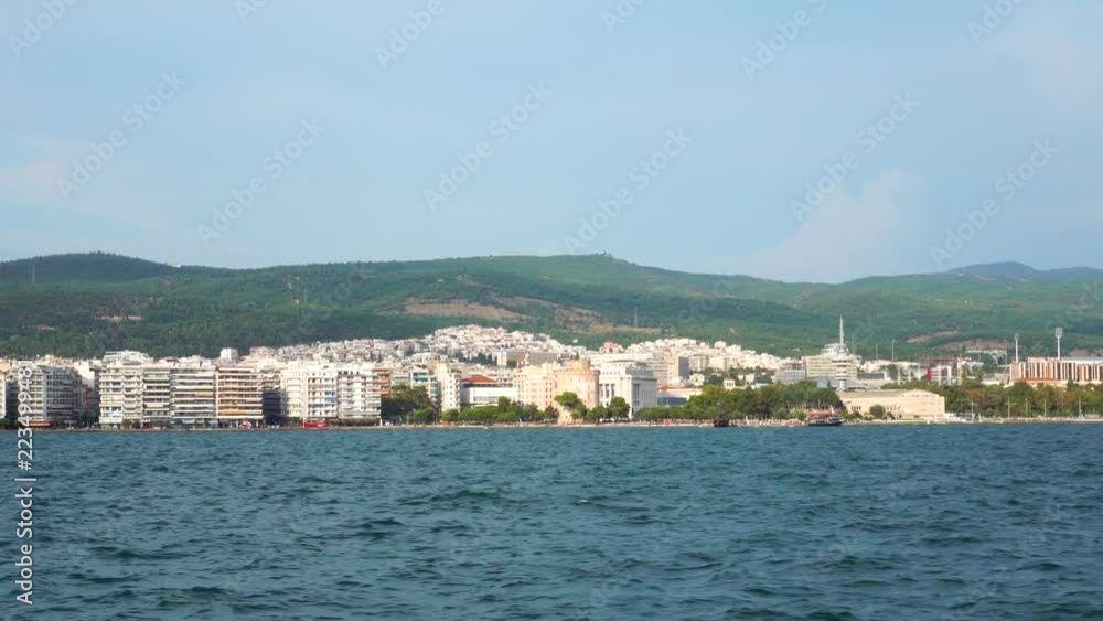 Incredible panoramic seascape view on huge Thessaloniki waterfront ancient Greece city port in sunny coastline skyline Incredible panoramic seascape view on huge Thessaloniki waterfront ancient Greece city port in sunny coastline skyline