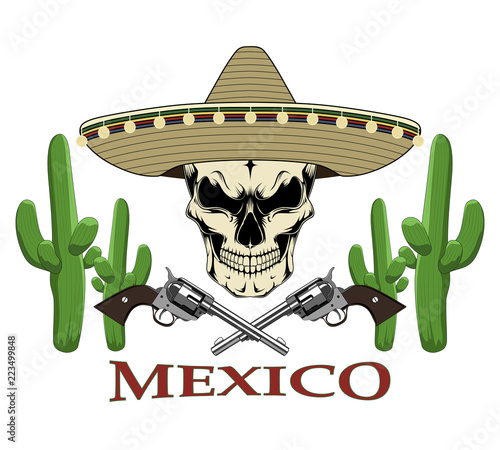 Skull in sombrero with pistols and cacti. Vector image.