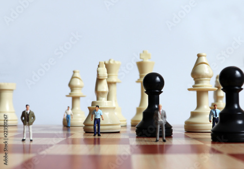 The chess pieces and the miniature people on the chessboard.