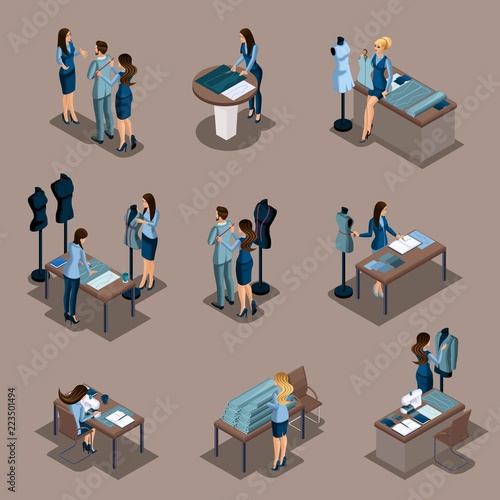 Isometric girl tailor, a set of mini concepts for work in a sewing workshop. Entrepreneur, business woman, own business