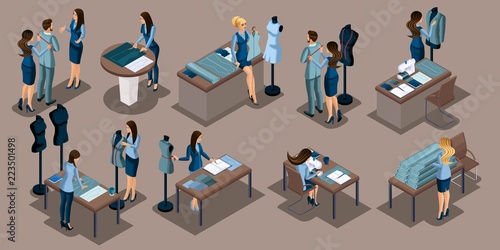Isometrics girl tailor, a set of concepts for work in the sewing workshop. Entrepreneur, business woman, own business