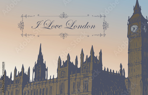 Vector postcard with hand drawn Palace of Westminster and Big Ben in London, UK. Retro postcard with calligraphic inscription I love London