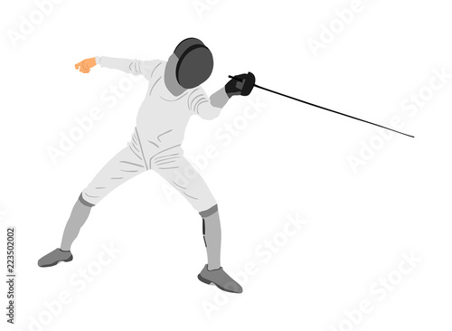 Fencing player portrait vector illustration isolated on white background. Fencing competition event. Sword fighting. Swordplay black shadow. Quick move game. Athlete man art figure.