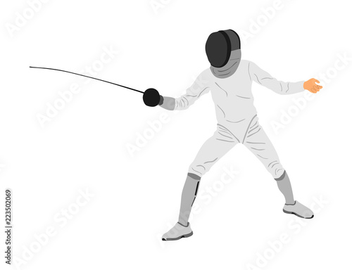 Fencing player portrait vector illustration isolated on white background. Fencing competition event. Sword fighting. Swordplay black shadow. Quick move game. Athlete man art figure.