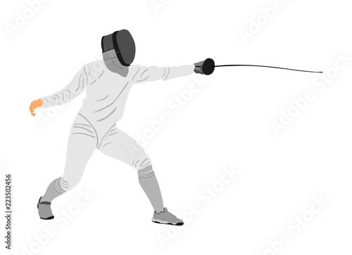 Fencing player portrait vector illustration isolated on white background. Fencing competition event. Sword fighting. Swordplay black shadow. Quick move game. Athlete man art figure.