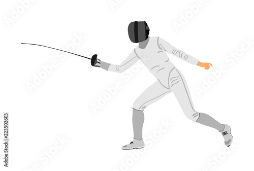 Fencing player portrait vector illustration isolated on white background. Fencing competition event. Sword fighting. Swordplay black shadow. Quick move game. Athlete man art figure.